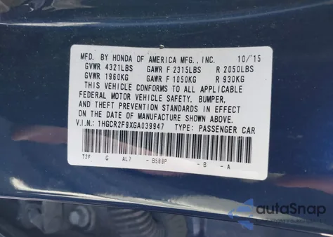 2016 Honda Accord Ex-L из США, поврежденный, VIN 1HGCR2F9XGA039947